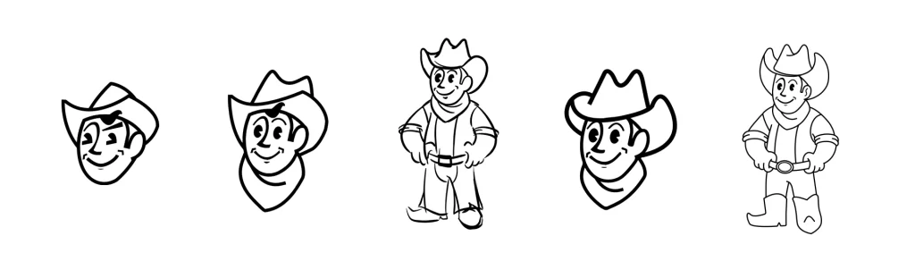 Howdy patron golden cowboy mascot iterations