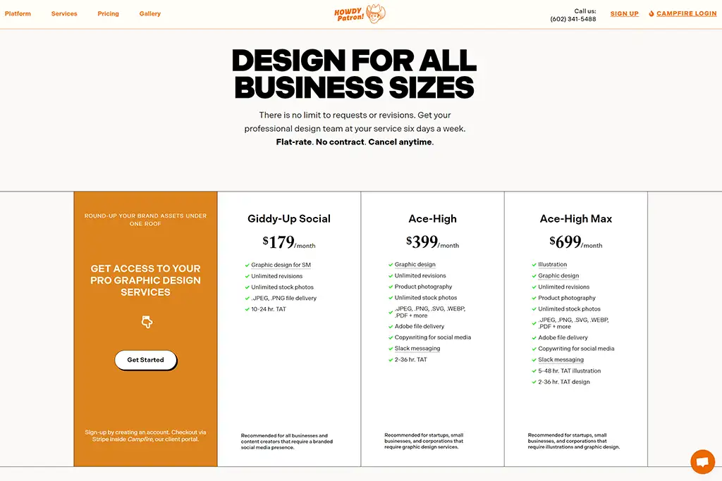 Affordable Graphic Design Pricing page Howdy Patron